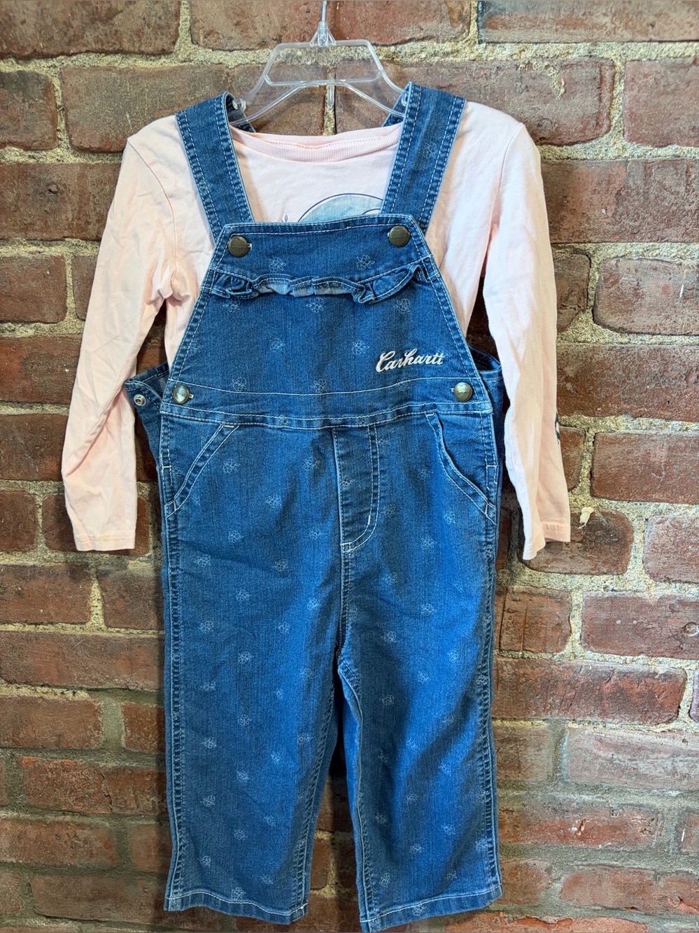 Carhartt Blue Denim Bib Overalls with Light Pink Long Sleeve Top size 2T